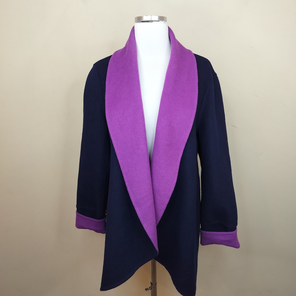 Double Face Reversible Fleece Sweater Jacket M  / L Navy Purple Pockets